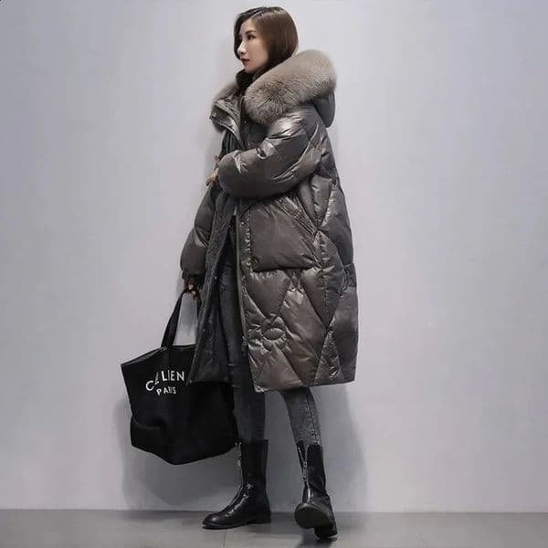 ultrafine womens down jacket winter warm outerwear long hooded fur collar Parka coat cold black 240822