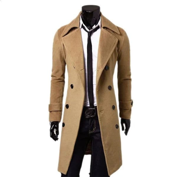 Mens double breasted trench coat winter wool blend highquality fashionable casual slim fit solid color mens jacket 240827