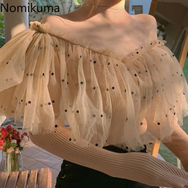 Nomikuma Korean Dot Mesh Patchwork Knitwear Sexy V-neck Long Sleeve Knitted Tops Spring New Slim Women Jumper 6D936 210427