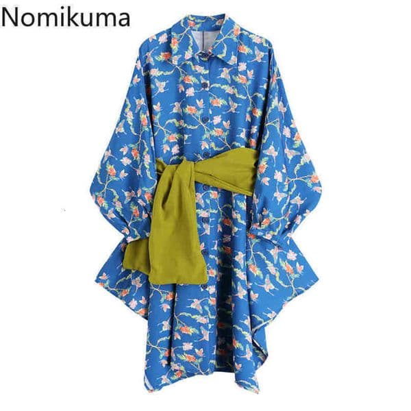 Nomikuma Vintage Printing Irregular Blouse Dress Sashes Slim Waist Elegant Korean Vestido Spring Puff Sleeve Dresses 6F665 210427