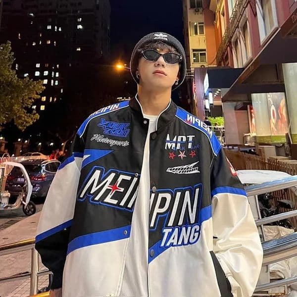 American Street Motorcycle Baseball Jacket Mens Y2K Hip Hop Loose Set Retro Racing Embroidered Pilot 240816