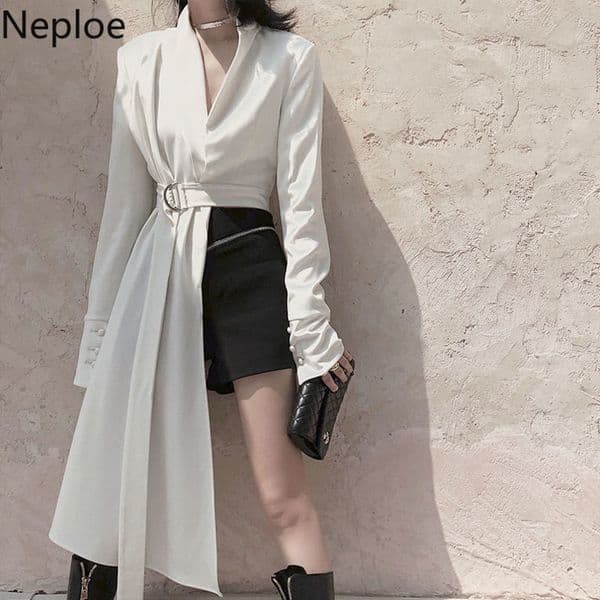 Neploe Harajuku Jacket Women Korean Fashion Irregular Tops V-neck Long Sleeve Slim Waist Blazer Temperament Coat Female 210422