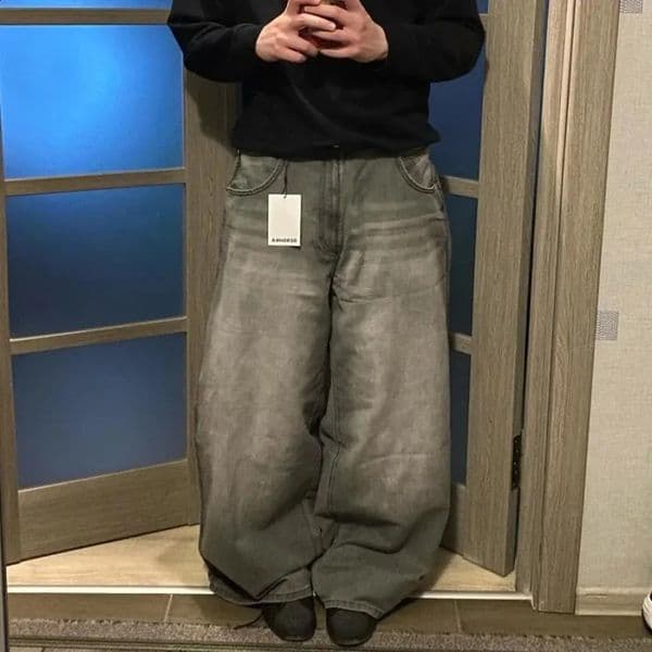 Street Y2K Harajuku Gothic Punk Solid Color Loose Jeans Mens Retro Casual Clown High Waist Wide Leg Pants 241008