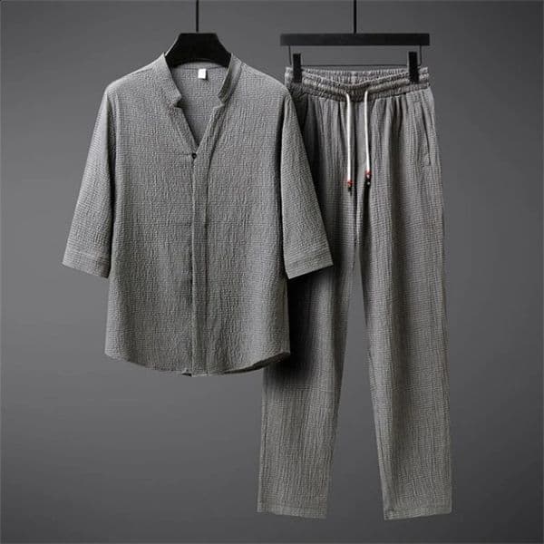 Ice Silk Linen Mens Set Spring Summer Loose Pullover Tops and Elastic Waist Trousers Sport Suits Men Two Piece Sets 250228