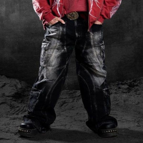 Y2k Mens Jeans Gothic Punk Retro Luggage Black Rock Tear Multi Pocket Cargo Pants Low Waist Casual Streetwear 240819
