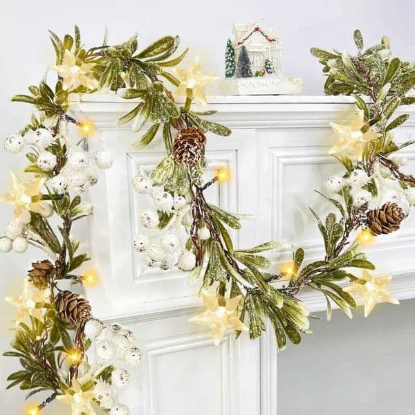6 FT Mistletoe Christmas GarlandPrelit Flocked Cedar Garland with Lights Mistletoe Leaves White Berry Pinecorn Star Warm White W250925
