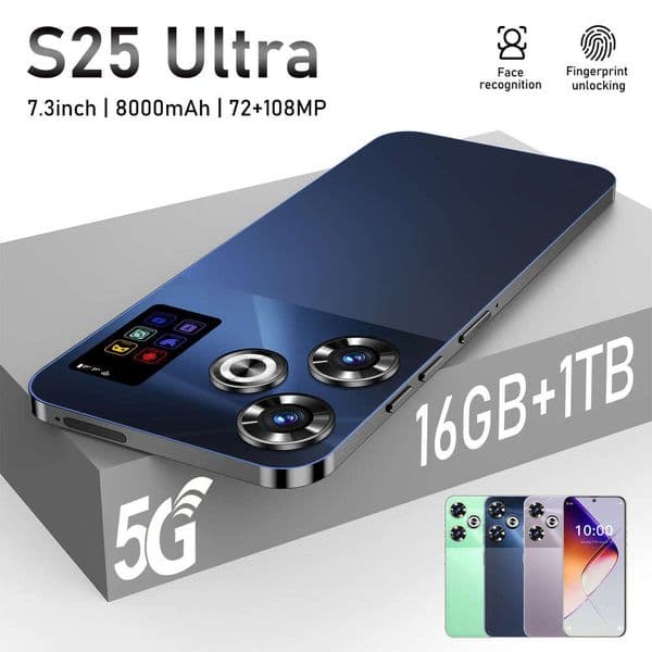 S25Ultra Smartphone, 7.3" HD Unlocked Cell Phone, 16GB RAM+1TB Storage, Android 13, Face Recognition, Dual SIM HD Display Smart Camera Mobile Phone