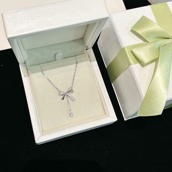 S999 Pure Sier Tassel Bow for Women Sweet Fairy Style Gentle Temperament Collarbone Chain Versatile Zircon Necklace
