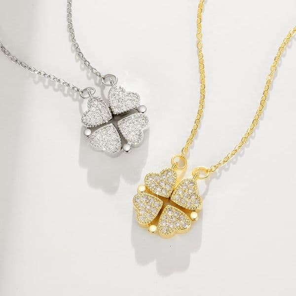 Fashion Design Heart-shaped Foldable Necklace for Women with Peach Heart and Dia-encrusted Four-leaf Clover Pendant Collarbone Chain Jewelry