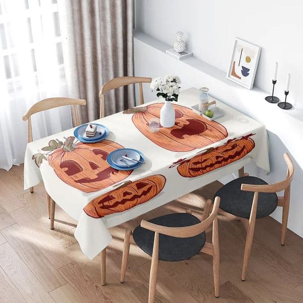 Vibrant Pumpkin Tablecloth for Halloween Party Decoration Orange Frightening Pumpkin Printed on White Polyester Fabric Covering 250926