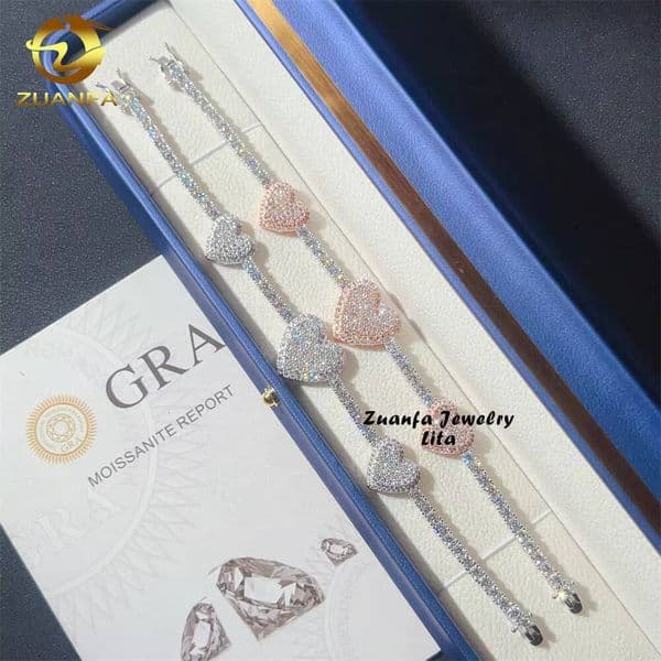 Hip Hop New Fashion Heart Two Tone 3MM Diamond 925 Sterling Silver Moissanite Tennis Chain Bracelet for