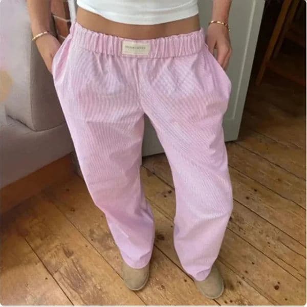 Womens Pink Stripe Elastic Waist Pocket Pants Straight Leg Loose Pants Street Casual Comfortable Summer Y2K Pants250922BJ