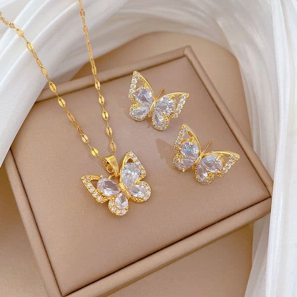 Zircon Butterfly Earring Set Light Micro Inlay Personality Temperament Banquet Earrings Necklace Combination