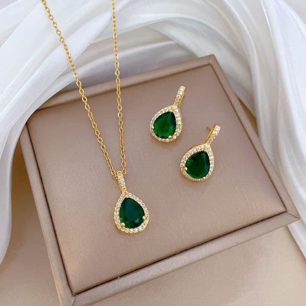 Water Drop Green Zircon Micro Inlay Earring Set Light Personality Temperament Ear Jewelry Necklace Combination