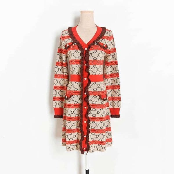Spring New Color-Block Gold Line Striped Heart Jacquard Ruffled V-Neck Waist-Cinching Knitted Dress For Women