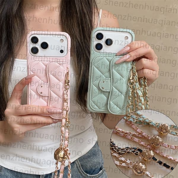 Caviar Leather Cross body Phone Case Designer For iPhone 17 Pro Max 16 Pro Max 15 14 13 12 11 16 Plus 17 Air Case Card Holder Velvet lining Luxury Wallet Case Chain Lanyard
