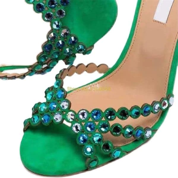 Sandals Women Crystal Ankle Buckle Open Toe Thin High Heel Runway Dress Women Shoes Green Purple Mixed Color Summer Sandals 250414
