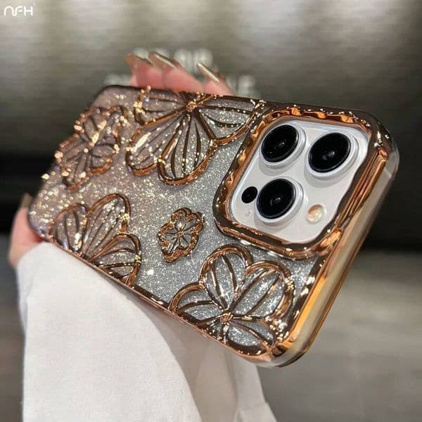 Pro Max Flash Glitter Flowers Plating Frame Phone Case For iPhone 11 12 13 14 15 16 Soft Protective Cover