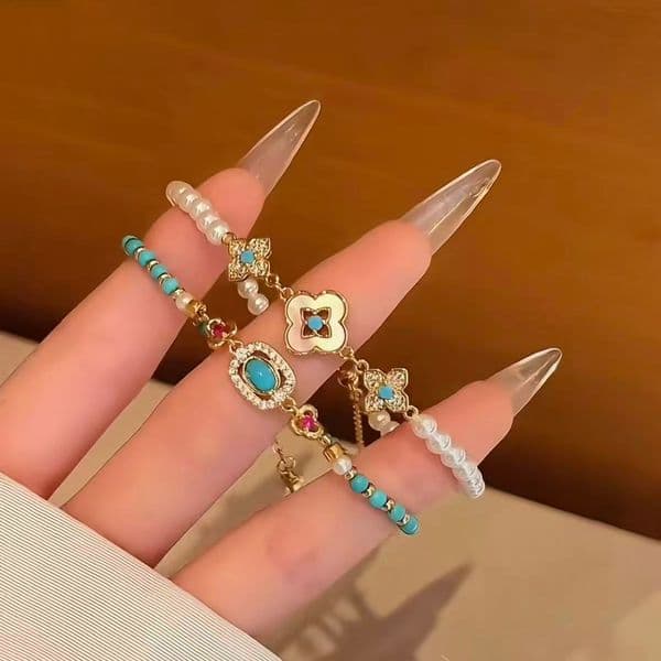 Real Gold Plated Zircon Shell Pearl Beaded Geometric Flower Bracelet High-End Sense Wristband Jewelry for Women