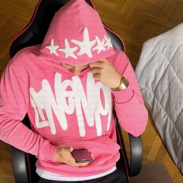 Star print pink hooded streetwear punk retro Kpop hiphop fashion sweatshirt Y2K womens clothing mens jacket top Gothic 240809