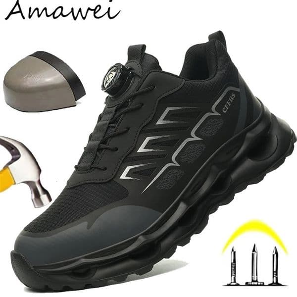 Shock Absorbing Safety Shoes for Men Steel Toe Lightweight Work Boots for Factory Warehouse Rotary Button Indestructible Shoes 250515
