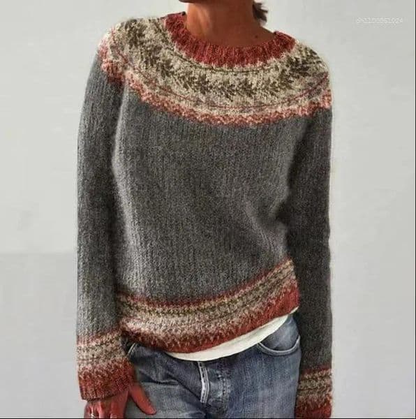 Women's Sweaters Spring Knitted Sweater O-neck Long Sleeve Casual Loose Elegant Trendy Print Female Winter Fashion Ladies Clothes