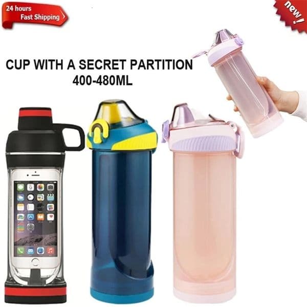 480ML Portable Water Bottle with Secret Compartment Safe Hiding Phone Pocket Secret Pill Organizer Box Sports Fitness Water Cup 241016