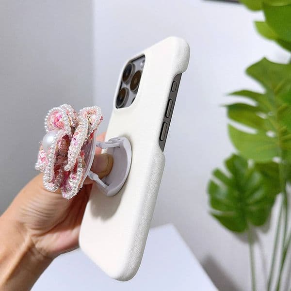 Pearl flower folding bracket PU leather Case for iPhone 16 15 14 Phone Cover 13 12 11 Pro MAX Hard Shockproof Back Funda