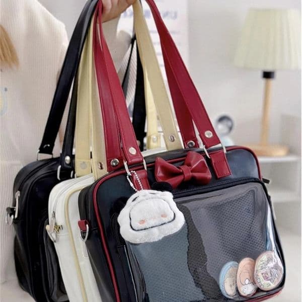 Japanese style Kawaii PU leather Itabag womens transparent pocket bow Lolita shoulder bag handbag womens Ita bag JK girl 241111