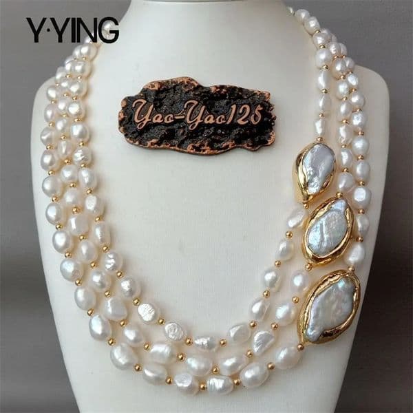 YYING 20 3 rows Cultured Baroque Pearl Necklace Keshi Gold color Plated Connector chokers y wedding for women 241023