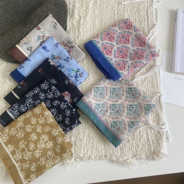 New Small Square Silk Scarf for Women Spring Summer Headscarf Hairband Korean Style Printed Cotton Linen Decorative Neckerchief