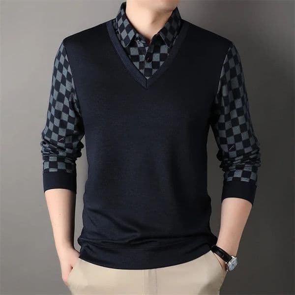 Spring and autumn flat fake twopiece polo shirt mens clothing long sleeved casual loose bottom Y2K top 250312Z