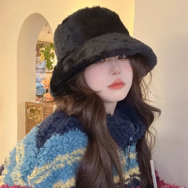 Winter Bucket Hat Fluffy Faux Fur Fisherman Cap for Women Men Solid Color Style Fedora hats 250929