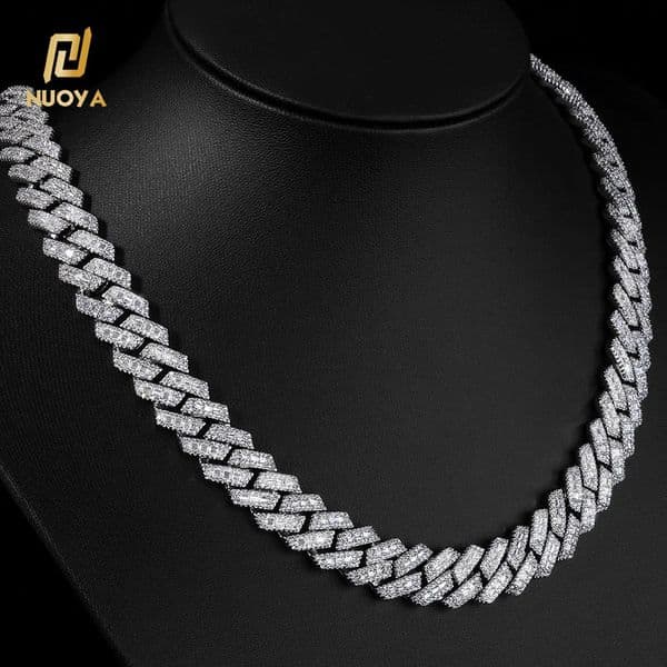 boutique 14MM Heavy Cuban Lidynamic Chain Necklace Iced Out Mixed Inlay Baguette Round Moissanite Prong Set Silver Plated Hip Hop Jewelry