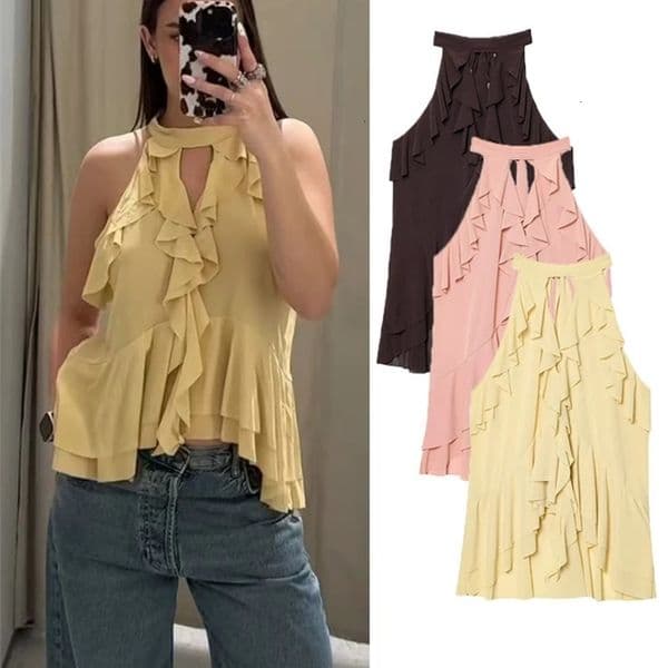 TFMLN Summer Women Tierred Halter Blouse Fashion Sleeveless Ruffles Thin Causal Chic Tops Sweet High Street Ladies 250522