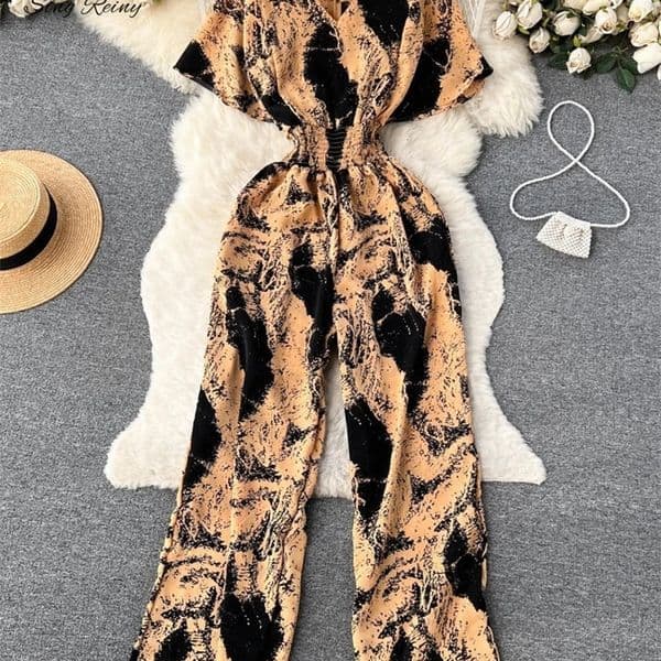 SingREINY Beach Summer Flower jumpsuit Fashion V-neck Elastic Ultra thin Short Sleeves Street Clothing Holiday Vintage Pants 240430bj
