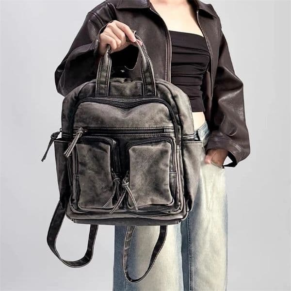 Retro multi pocket womens backpack soft wash Pu leather backpack trend university backpack girls motorcycle bag 241111