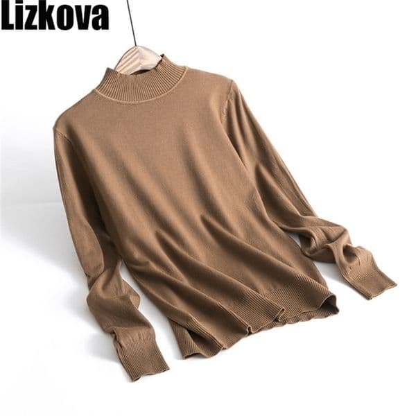 Woman crop top Sweater Brown 60% Cashmere Knitted Turtleneck Sweater Woman Classic Pullover Sweater 201030wtt