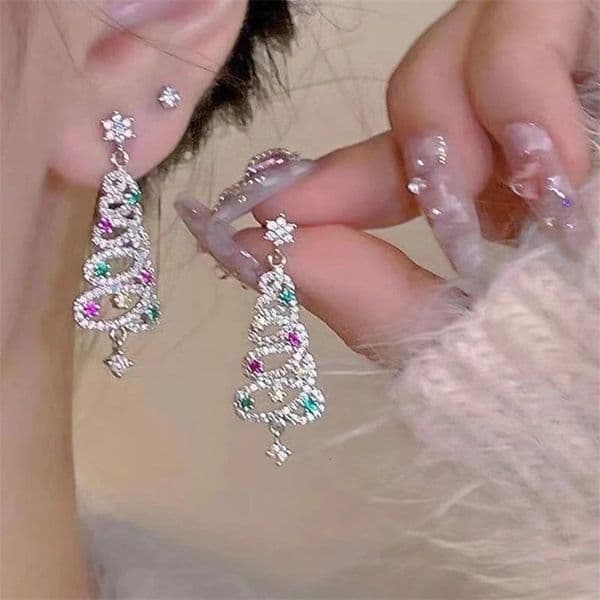 Fashion Christmas Tree Zircon Crystal Star Silver Color Earrings Stud Dangle Xmas Jewelry Women Party Gift 241112