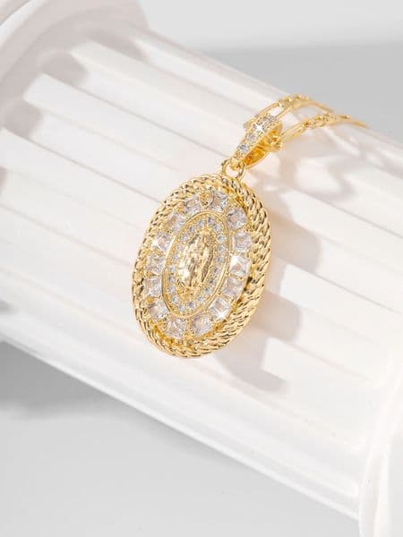 FanSibao woven stripe inlaid zircon Virgin Mary oval pendant necklace beautiful religious jewelry gift 250928