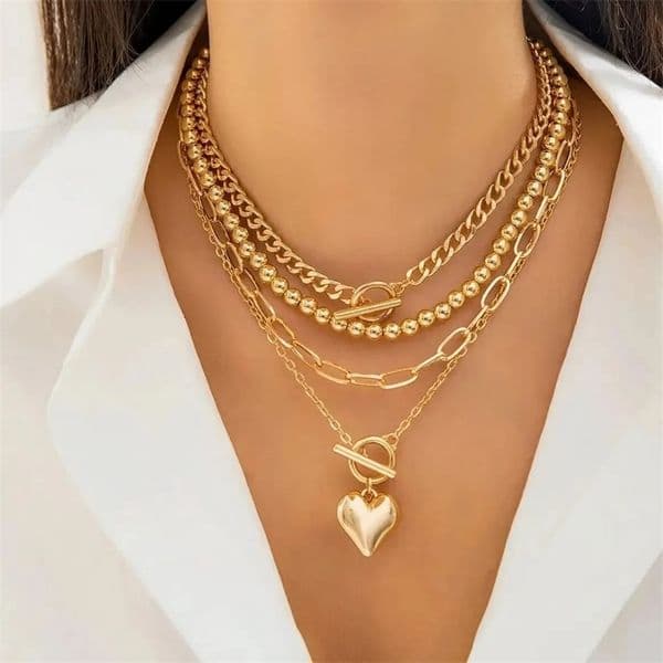 4PcsSet Punk Gold Heart Pendant Necklace Suitable for Womens Fashion OT Buckle Bead Chain Y2K Jewelry Accessories 250317