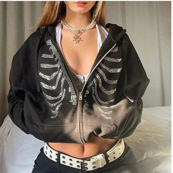 Women Gothic Black Zip Up Oversized Sweatshirts Y2K Rhinestone Skeleton Hoodies Female Retro Harajuku Hooded Jacket Streetwear 250928BJ