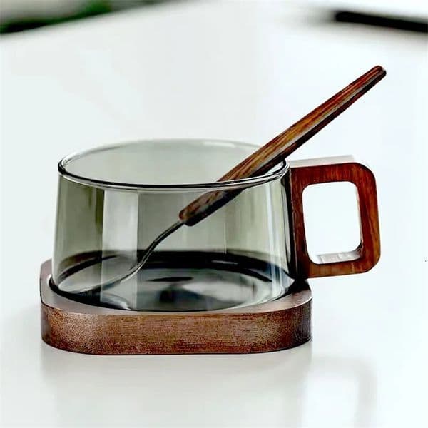 200ml American Latte Glass Coffee Mug With Wooden Tray Spoon Heatresistant Milk Tea Cup Fresh Ground 250318