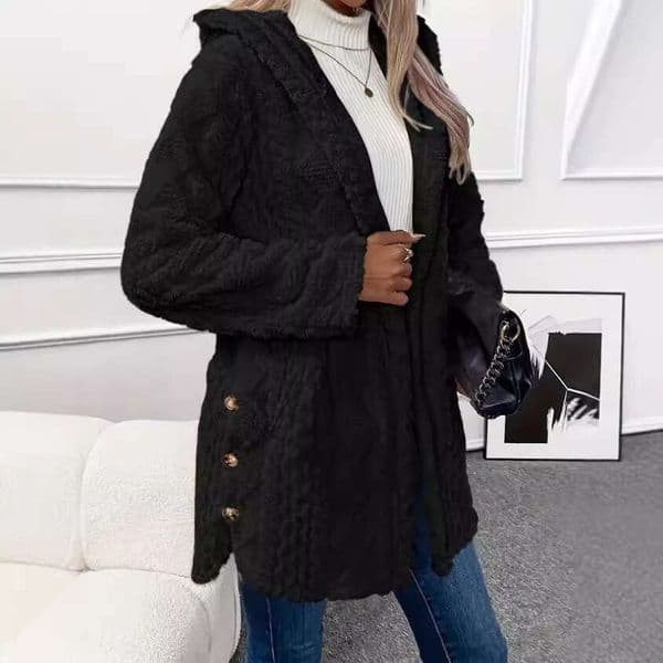 2025 Autumn Winter European and American Hooded Solid Color Cardigan Button Long Sleeve Casual Jacket