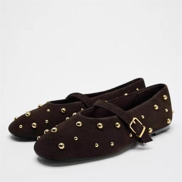 Summer Mary Jane Shoes for Women Fashion Rivet Suede Classic Retro Brown Casual Soft Bottom Comfortable Ladies Flats 250618