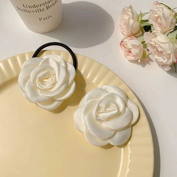 Fashion 2pcs white camellia hair tie for women sweet and charming hairband for hair versatile head accessory rubber band hair clip wer Y250930