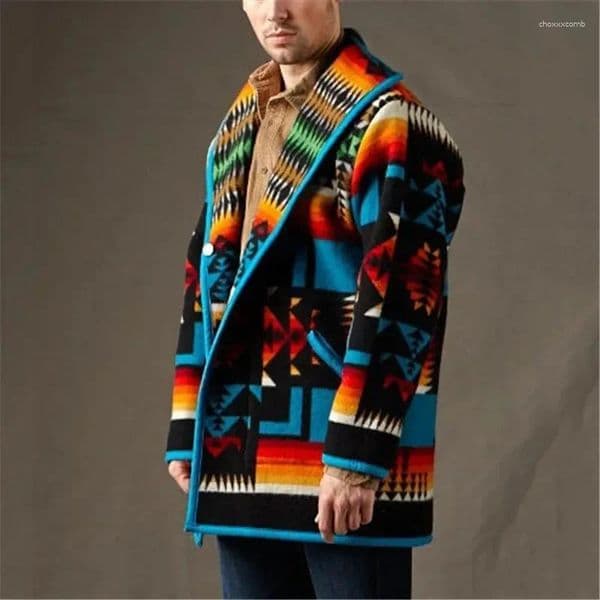 Men's Wool Mens Jackets And Coats Ins Spring/Autumn Printing Fashion Jacket Geometric Turn-down Collar Single Breasted Woolen Coat Men