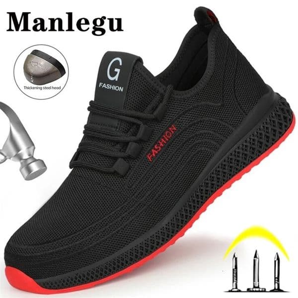 Manlegu air mesh steel toe work shoes breathable work shoes womens safety shoes lightweight perforated safety boots 241126