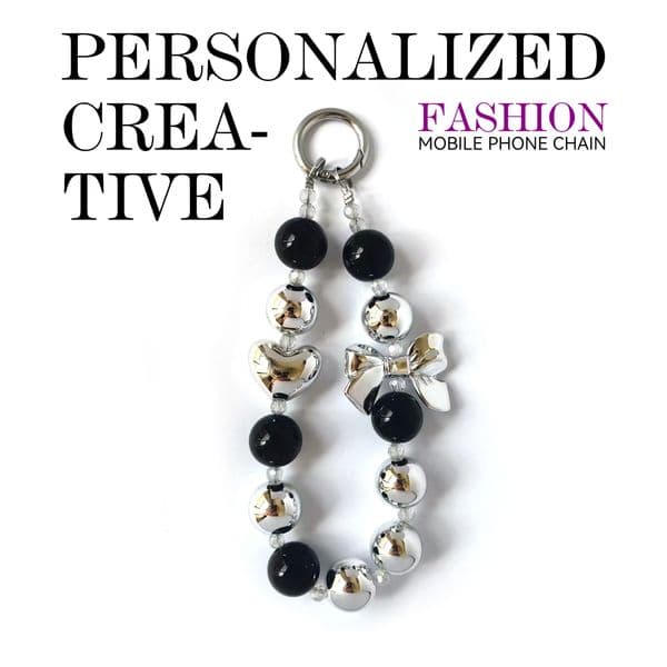 Stylish black-and-white beaded phone strap Metallic-finish bow Metallic-finish heart Creative versatile design Anti-loss Convenient to carry