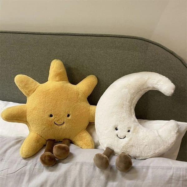 Adorable Smile Face White Moon Yellow Sun Plushie Stuffed Cute Cartoon Weather Plush Toy for Kid Bedroom Decor Sofa Throw Pillow 250512